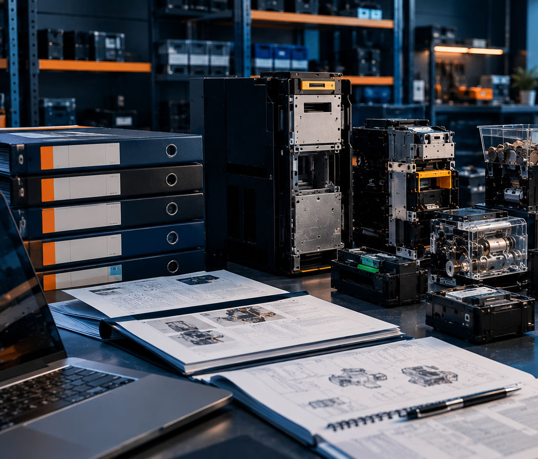 Technical brochures and cash handling equipment components on a professional service desk