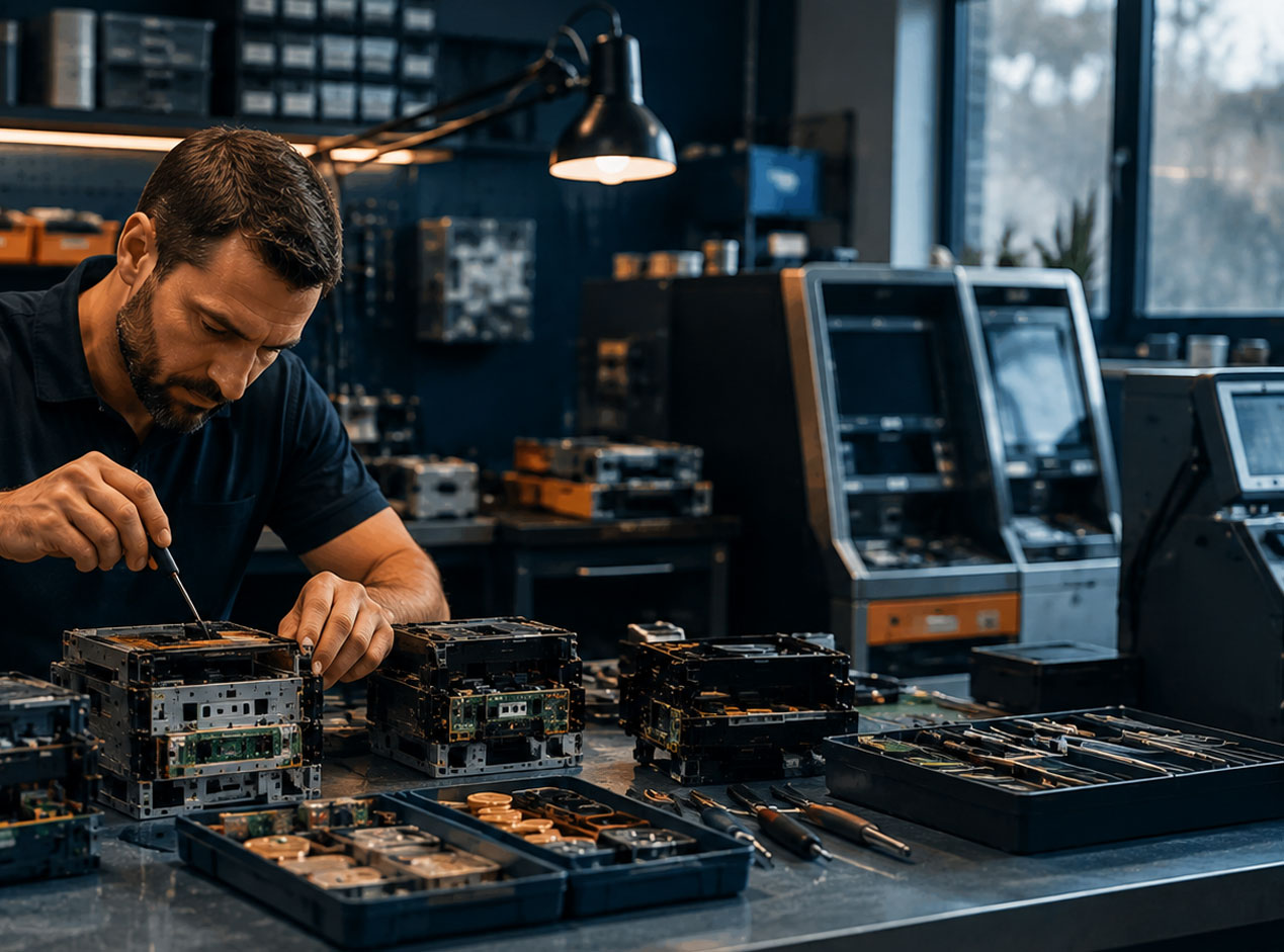 Technician-repairing-note-acceptors-coin-hoppers-and-cash-handling-equipment-components